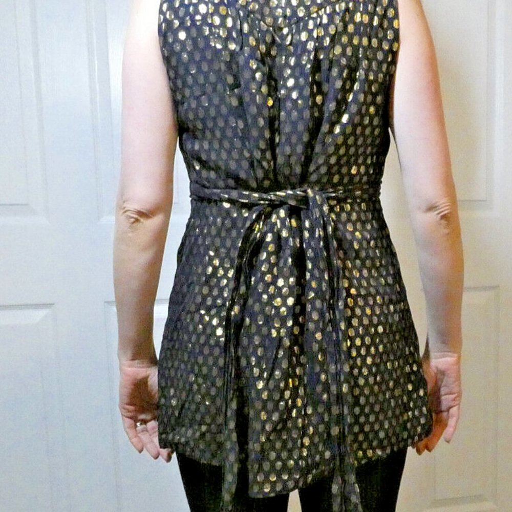 Black Silk Blouse Chiffon Layers Gold Polka dots Party Valentine Day Size M - Picture 8 of 11